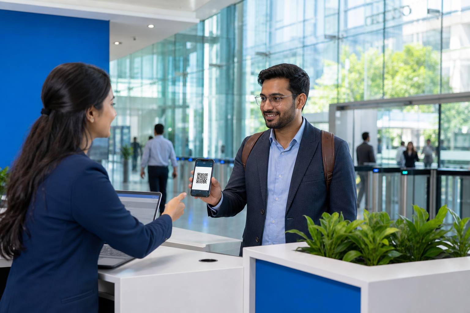 Visitor management system for offices — QR visitor pass in modern IT park lobby