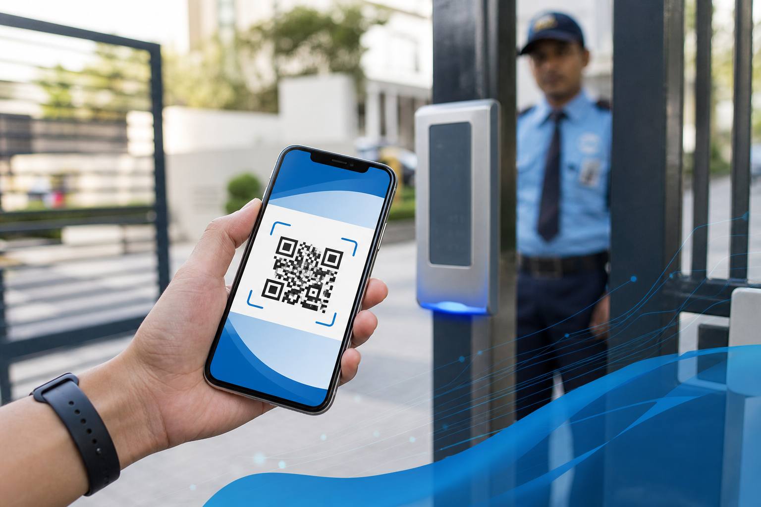 QR visitor entry — guest smartphone check-in at society gate without security handling data