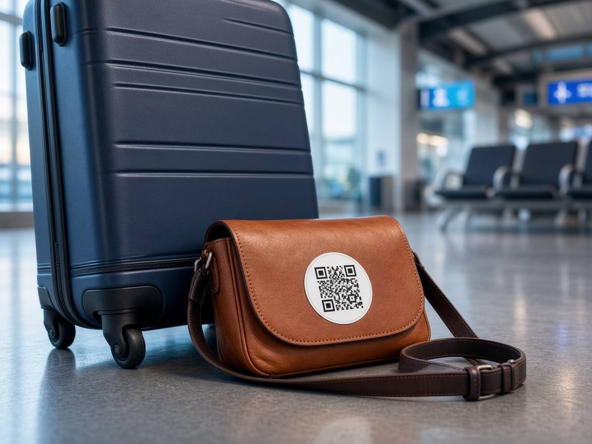 MyQR used as a lost and found decal on travel bags and purses